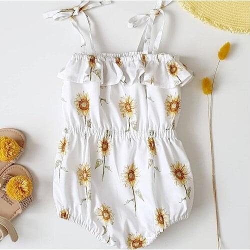 Baby Girls Lace-up Sling Bodysuits Cartoon Sunflower Print Falbala Elastic Casual Jumpsuit Daily Life Baby Bodysuits