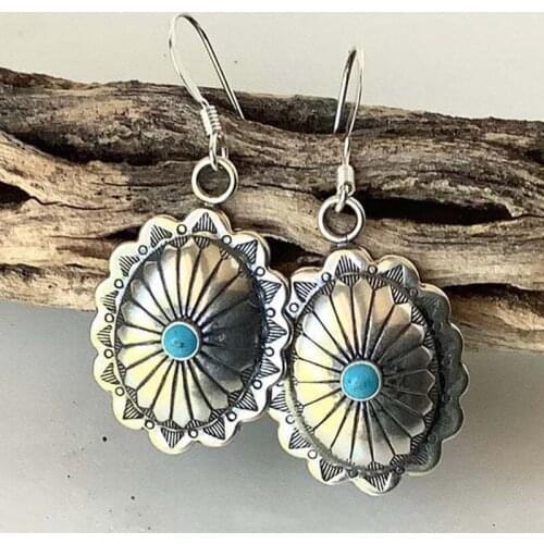 Gypsy Shield Design Blue Beads Stone Earring Tribal Jewelry Thai Silver Color Engraving Flower Metal Hook Dangle Earrings