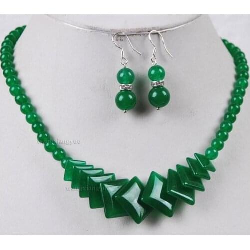 6-18mm Natural Green Jade Round & Square Beads Jewelry Necklace Earrings Set AAA jade