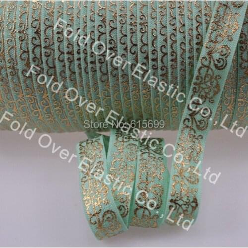 Metallic Gold Damask fold over elastic ribbon, custom print 5/8" Pastel Green FOE Ribbon, Hair Ties, 100yards spool