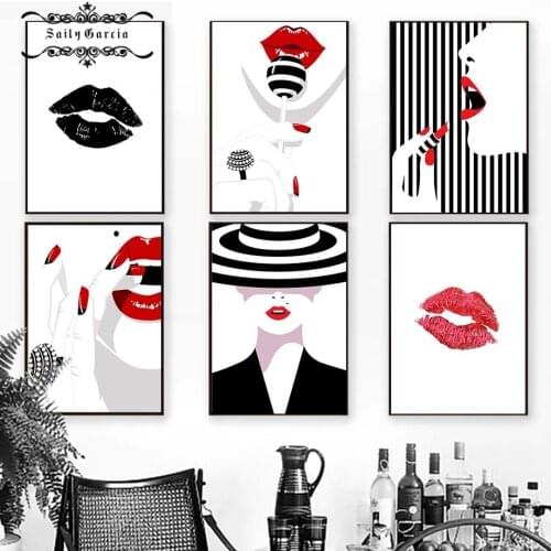 Fashion Girl Silhouette Sexy Red Lips Body Art Canvas Painting Nordic Wall Poster and Prints Pictures for Living Room Home Decor