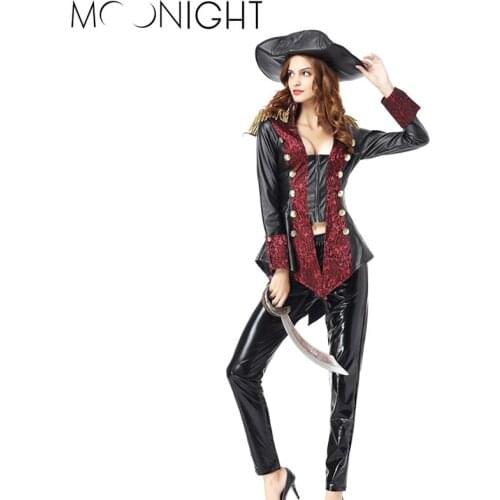 MOONIGHT New Halloween Women Adults Pirate Costumes Long Sleeve Black Faux Leather Pirate Costume