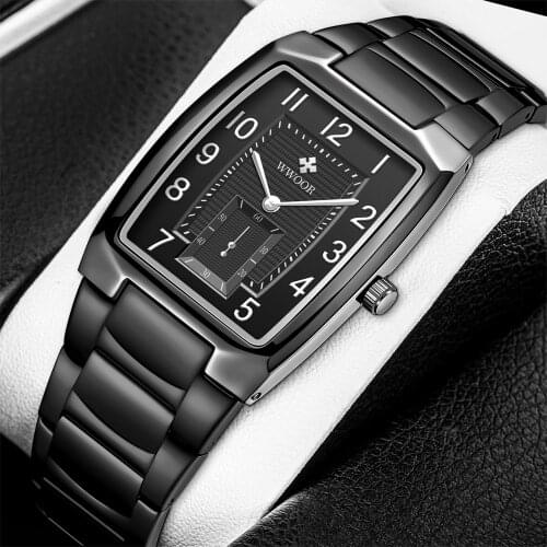 2021 New WWOOR Fashion Mens Watches Luxury Square Stainless Steel Black Business Men Wrist Watch Casual Waterproof Quartz Clock