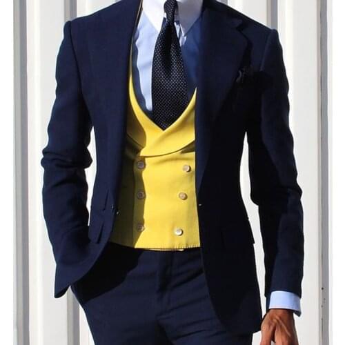 Slim Fit Casual Men Suits with Yellow Waistcoat Navy Blue Pants 3 Piece Wedding Tuxedo for Gromsmen Male Fashion Jacket 2021