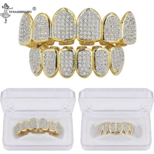 Classic 6/6 Hip Hop/Punk Teeth Grillz Set Gold Color Teeth Grillz Top & Bottom Grills Dental Mouth Caps Cosplay Party For Men