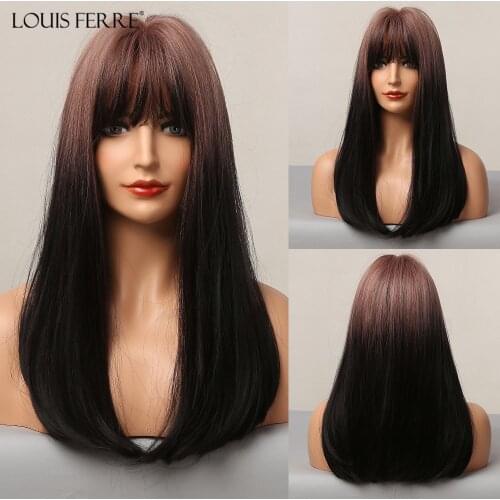 LOUIS FERRE Cosplay Party Pink Black Wig with Bangs Heat Resistant Ombre Light Purple Long Straight Synthetic Hair Wig for Women