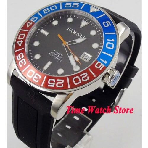 Parnis 42mm 10ATM Miyota Automatic mens watch waterproof black dial luminous sapphire glass rubber strap blue red bezel 393