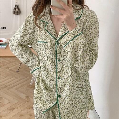 Qweek Womens Pajamas Cotton Yarn Pyjamas Floral Turn Down Collar Print Pijamas Homesuit Sleepwear Summer Home Clothes