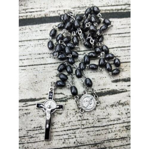Rice-shaped black gallstone rosary necklace cross catholic church supplies