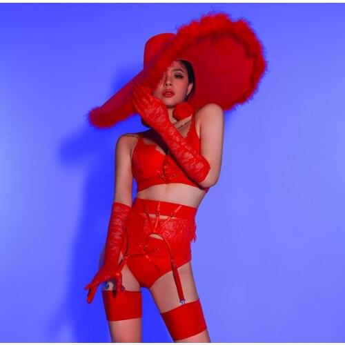 Sexy Bikini Sets Red Outfits Nightclub Bar DJ DS Performance Clothes Women Gogo Dance Costumes Rave Clothes Party Dress DN7441