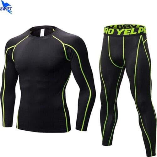 Tops+Leggings Mens 2 Pcs Activewear Fitness Sets Long Sleeve Sports Suit Quick Dry Elastic Tights Compression Running Clothing