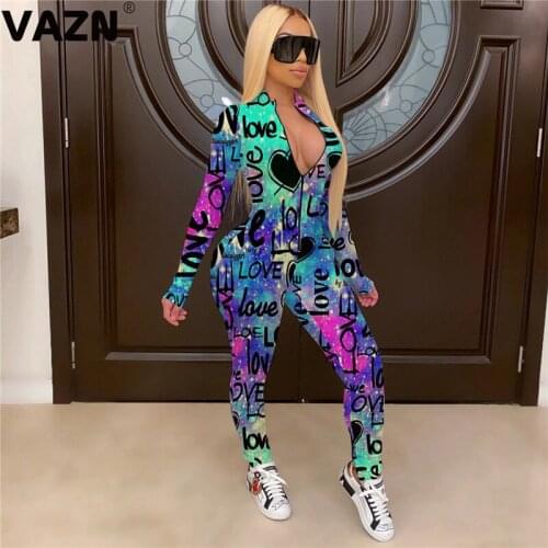 VAZN Hot Sale Letter Outdoor Deep V-neck Women Bandage Full Sleeve Party Beach Jumpsuits Full Pant Bandage Rompers