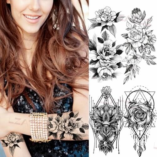 Big Peony Temporary Tattoos For Women Adult Geometry Henna Rose Realistic Fake Tattoo Waterproof Body Art Painting Tatoos Decal