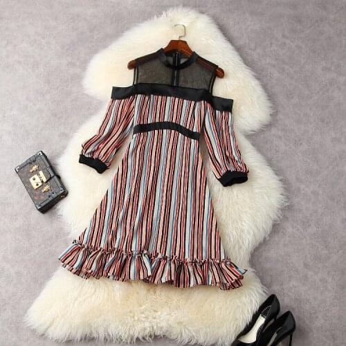 European and American womens wear for summer 2021 Five-and-a-quarter sleeves open to the shoulder Mosaic stripes fishtail dress