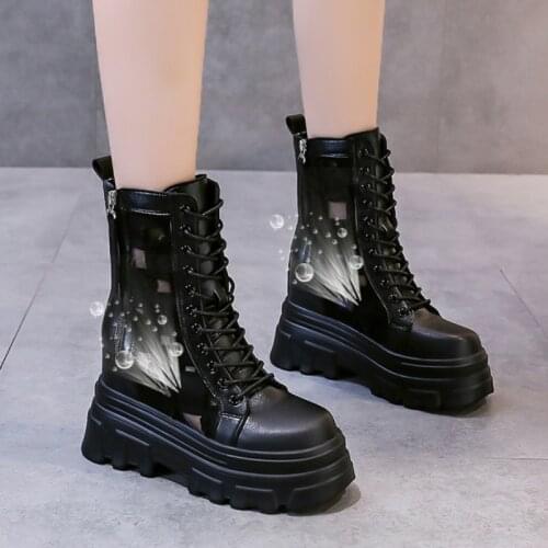 Lucyever Chunky Platform Breathable Hollow Out Boots Women Hidden Heels Thick Bottom Ankle Boots Woman 2021 Autumn Lace Up Shoes