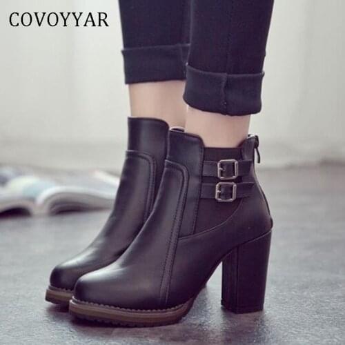 COVOYYAR 2019 Thick Heeled Women Boots Vintage Double Strap Ankle Boots Platform Autumn Winter Woman Shoes Big Size 43 WBS803