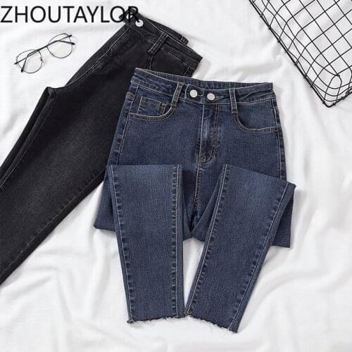 ZHOUTAYLOR Woman Jeans Fashion Button Zippers Ankle-Length Pants Femme Casual Sweet Autumn New 2021 Pencil Trousers Female