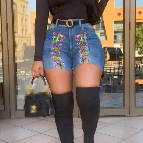 2021 New Style Women Summer Short Pants Ladies Lace-Up Strappy High-Waist Tight Shorts with Pockets for Girls Denim Trouser