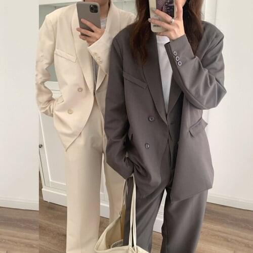Korean Chic Loose Casual Long Sleeve Fall 2021 Women Blazers Simple Solid Notched Collar Suit Coat Women All Match Elegant Tops
