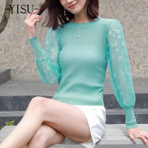 YISU Women Thin section Sweater Spring Solid color O-Neck Lace Long sleeve Sweater Jumper Female Slim Casual Knitted Pullover