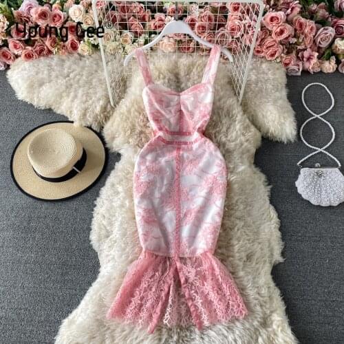 Young Gee Elegant женское платье Strap Embroidery Pink Midi Dress Bodycon Lace Floral Ladies Sexy Pencil Mermaid Dresses Vestido