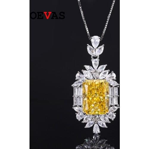 OEVAS 100% 925 Sterling Silver Yellow High Carbon Diamond Radiant Cut Pendant Necklace For Women Sparkling Wedding Fine Jewelry