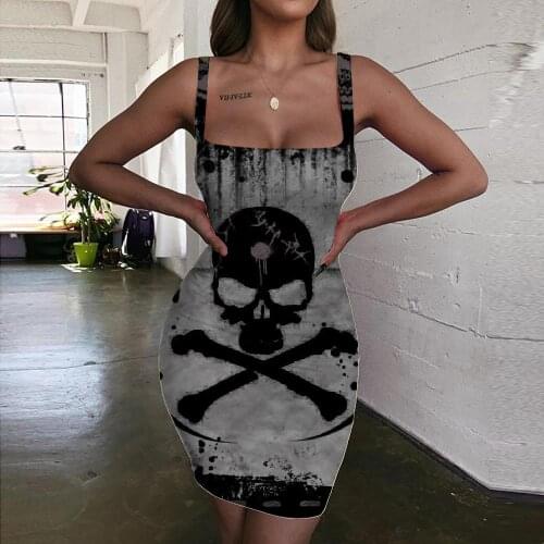 KYKU Brand Skull Dress Women Punk Vestido Sexy Wing Halter Sleeveless Black Bodycon Dress Venom Sundress Womens Clothing Club