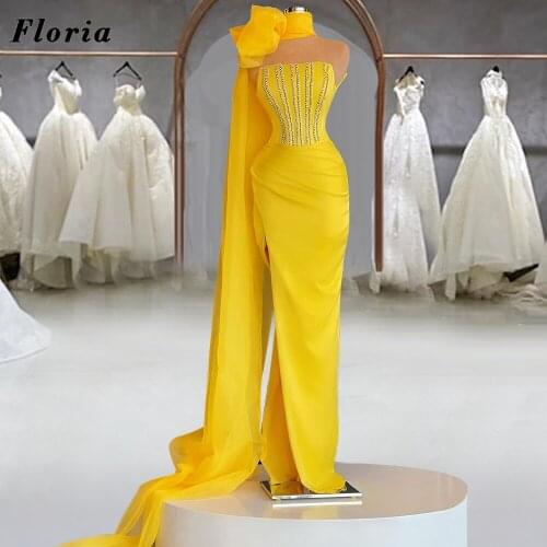 2021 Luxury Yellow Mermaid Evening Dresses Party Gowns 2021 Dubai Beading One Sleeve Beaded Celebrity Dress For Women Prom Dress