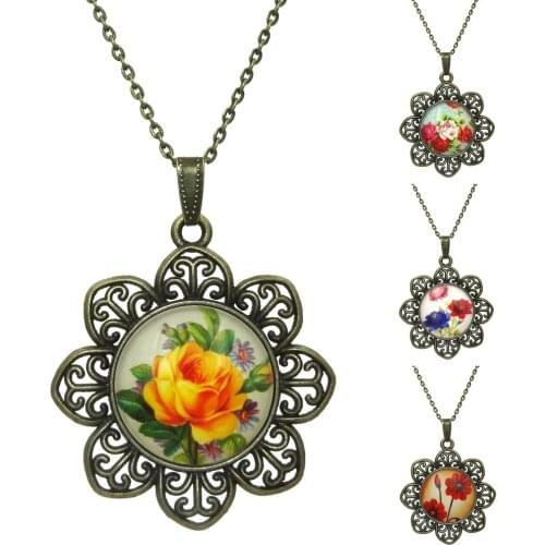 Rose Flower Vintage Necklace art Glass Cabochon Pendant flower Jewelry Accessories Ancient bronze Statement chain Necklace Women