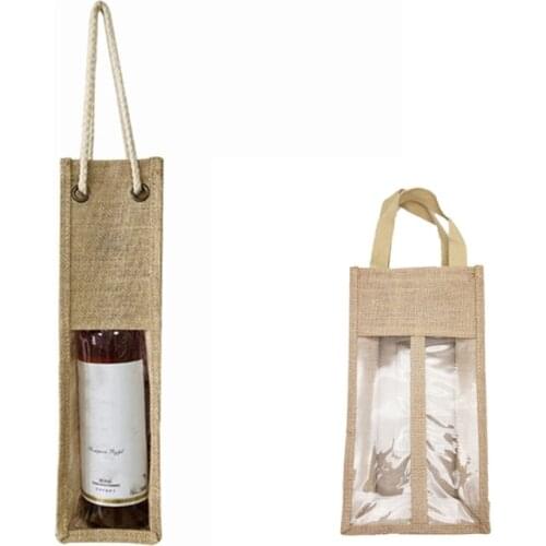 066F Jute Wine Carrier Reusable Burlap Tote Bags Clear Window with Handles Gift Bag Travel Storage Organizer for Wedding Holiday
