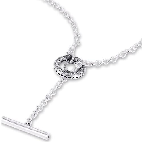 Authentic 925 Sterling Silver Pave Circle T-bar Heart Necklace for Women Link Chain Pendants & Necklaces Fine Jewelry Collier