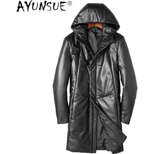AYUNSUE Winter Leather Jacket Men Genuine Sheepskin Leather Jackets Mens Hooded Black Down Coats Male Jaqueta De Couro SQQ293