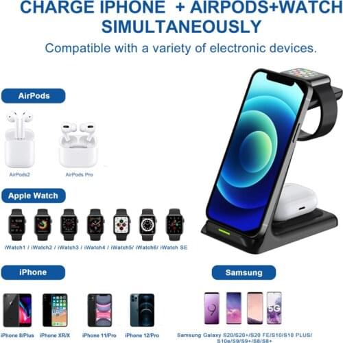 3 in1 QI 15W Wireless Charger Station Fast Wireless Charging Stand Dock For iPhone 12/11/8 Pro Max AirPods iWatch Samsung