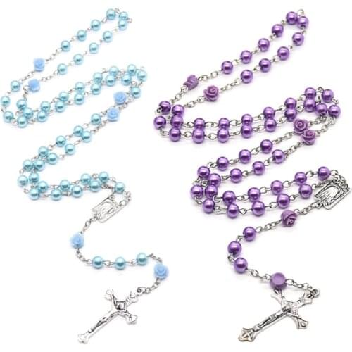Rosary Necklace Jesus Christ Cross Pendant Glass Pearl Rose Necklace Long Chain for Women Girl Christian Fashion Jewelry