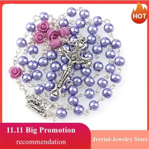 6mm Fashion Catholic Virgin Mary Jesus Small Size Round Pearl Jewelry Accessories Chain Cross Pendant Rosary Beads Necklace