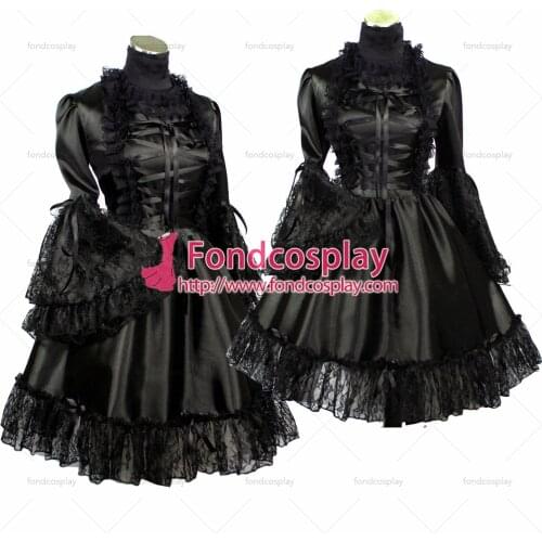 Gothic Lolita Punk Black Satin Sissy Maid Dress Cosplay Costume Tailor-made[G402]