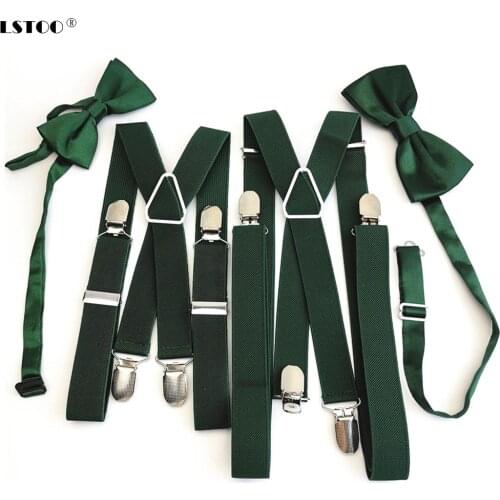 Blackish Green Mens Women Suspenders Bow tie Sets High Elastic Strap Strong 4 clips-on Suspender Neck tie set Adult Kids boys