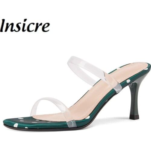 Insicre PVC Basic Slippers Square Toe White Spots 2021 Summer Simple Women Sandals Thin High Heel Shoes Green Handmade