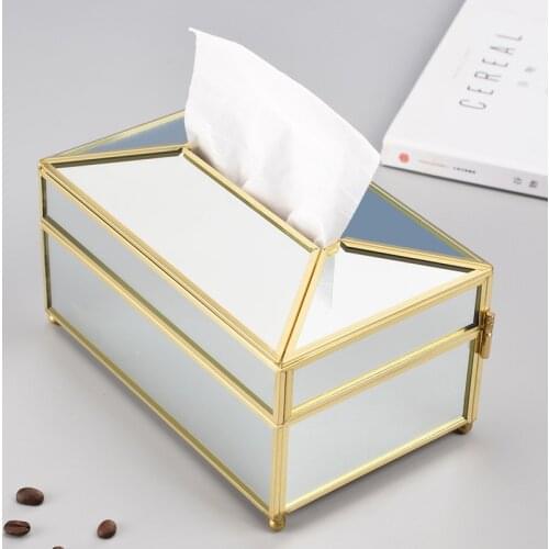 Creative and fashionable glass tissue box Gold Brass edge drawing box transparent mirror napkin storage box
