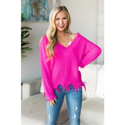 Fashion Autumn Hollow Loose Sweater Women Hole Out Solid Hot Pink V Neck Loose Knitwear Elegant Long Sleeve Pullover Sweaters