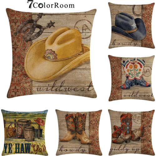 Cowboy Shoes Hat Pattern Cotton Linen Throw Pillow vintage Cushion Covers Farm Sofa Bed Decorative village Pillowcase 45x45cm
