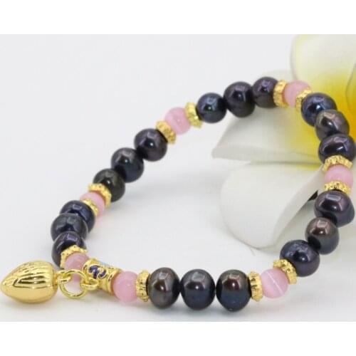 New arrival special design fashion 7-8mm natural black pearl pink cat eyes round beads beaded bracelets jewelry 7.5inch B2800