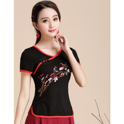 New Cotton Blended Women Clothes Black Pink Red Blue Womens Summer Tops Girls Cotton Tee Shirts Embroidered Female T-shirt