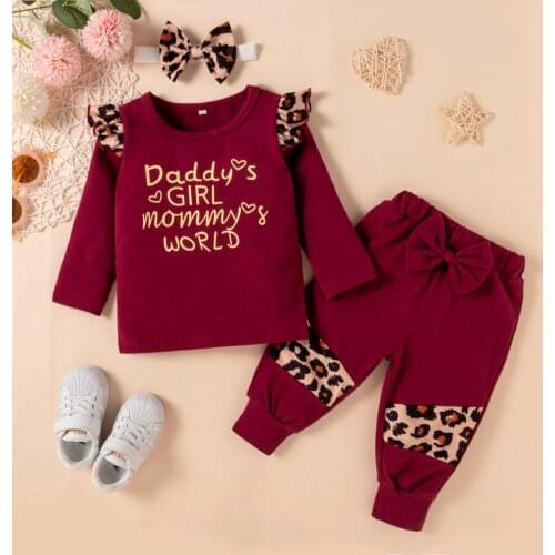 3pcs Newborn Baby Girls Casual Outfits Toddler Infant Long Sleeve Letter Print Pullover Tops Leopard Trousers Headband Clothes