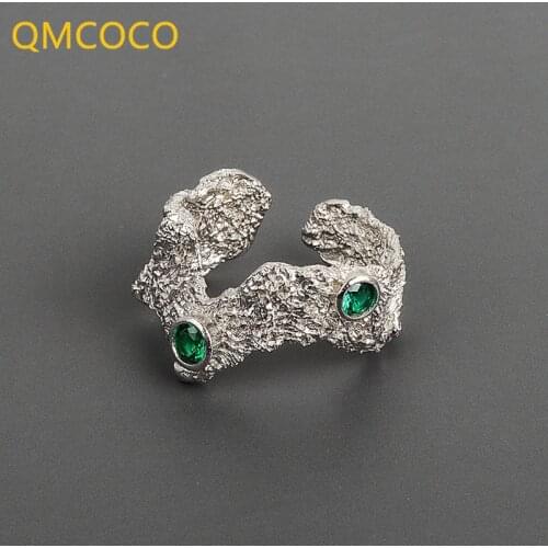 QMCOCO 925 Silver Green Zircon Wave Bump Matte Rings Vintage Distressed Opening Handmade Ring Fashion Fine Jew