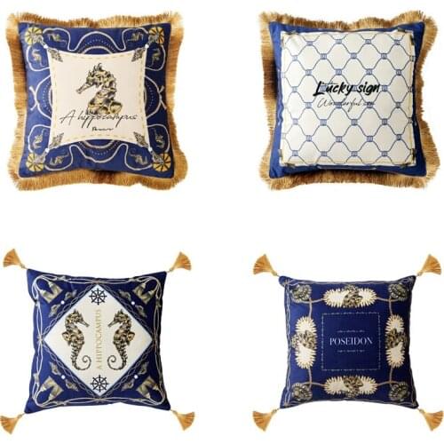 Hippocampal Printed Luxury Velvet Cushion Covers Soft Velvet Tassel Pillow Cover (22 Inches / 55 x 55 cm) Navy Blue Pack Of 2