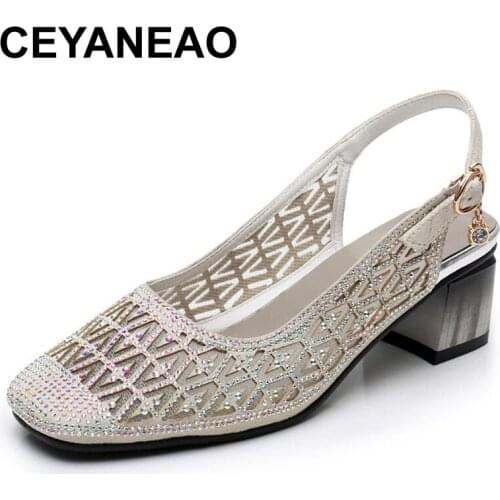 CEYANEAO Summer women sandals square head mesh hollow shoes women sandals summer rhinestone sandals