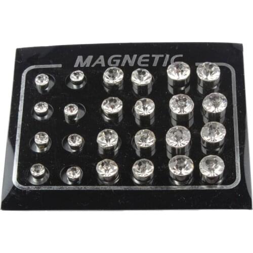 12 Pair Silver Color Crystal Strong Magnetic Stud Earrings Simple Earrings for Women No Hole Piercing 3Sizes 4MM,6MM,7MM