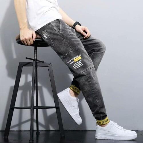 Hip Hop Mens Jeans Korean Fashion Men Clothing Harem Pants Jeans Casual Streetwear Print Jeans Men Elastic Waist Men Trousers