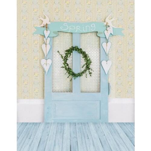 TR Damask Wall Blue Wood Door Vinyl Backdrops for Photography 6x10 Light Blue Wood Floor Small Hearts Newborn Photo Studio Prop